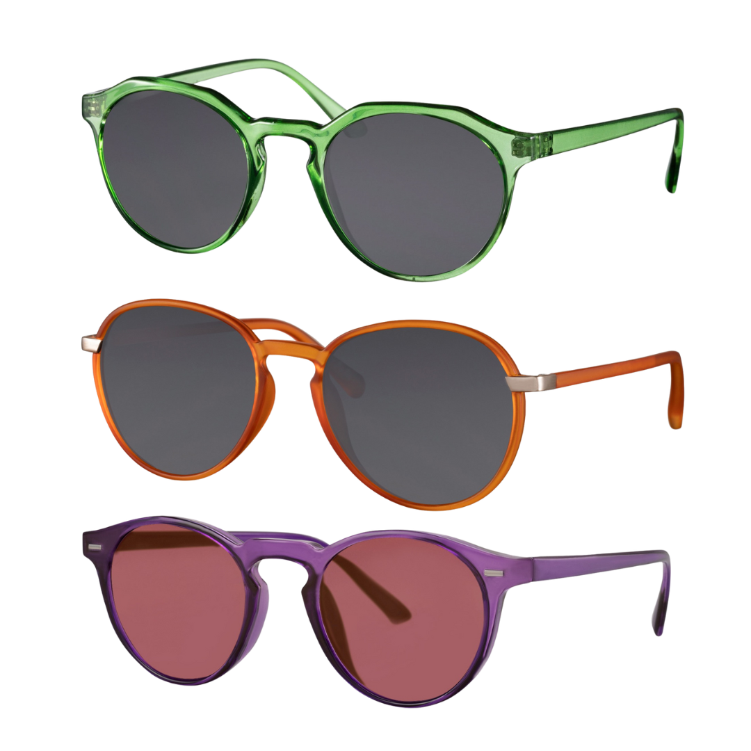 Eyeland eco-friendly sunglasses collection featuring aviators, butterfly, cateye, clubmaster, round, wayfarer, acetate, and recycled sunglasses, all with UV protection and sustainable materials.